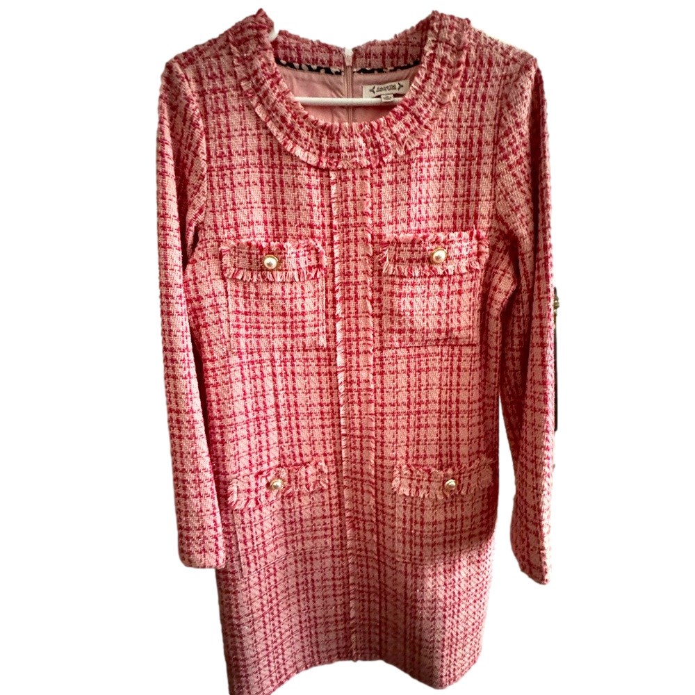 Chic Pink Tweed Dress with Pearl Accents